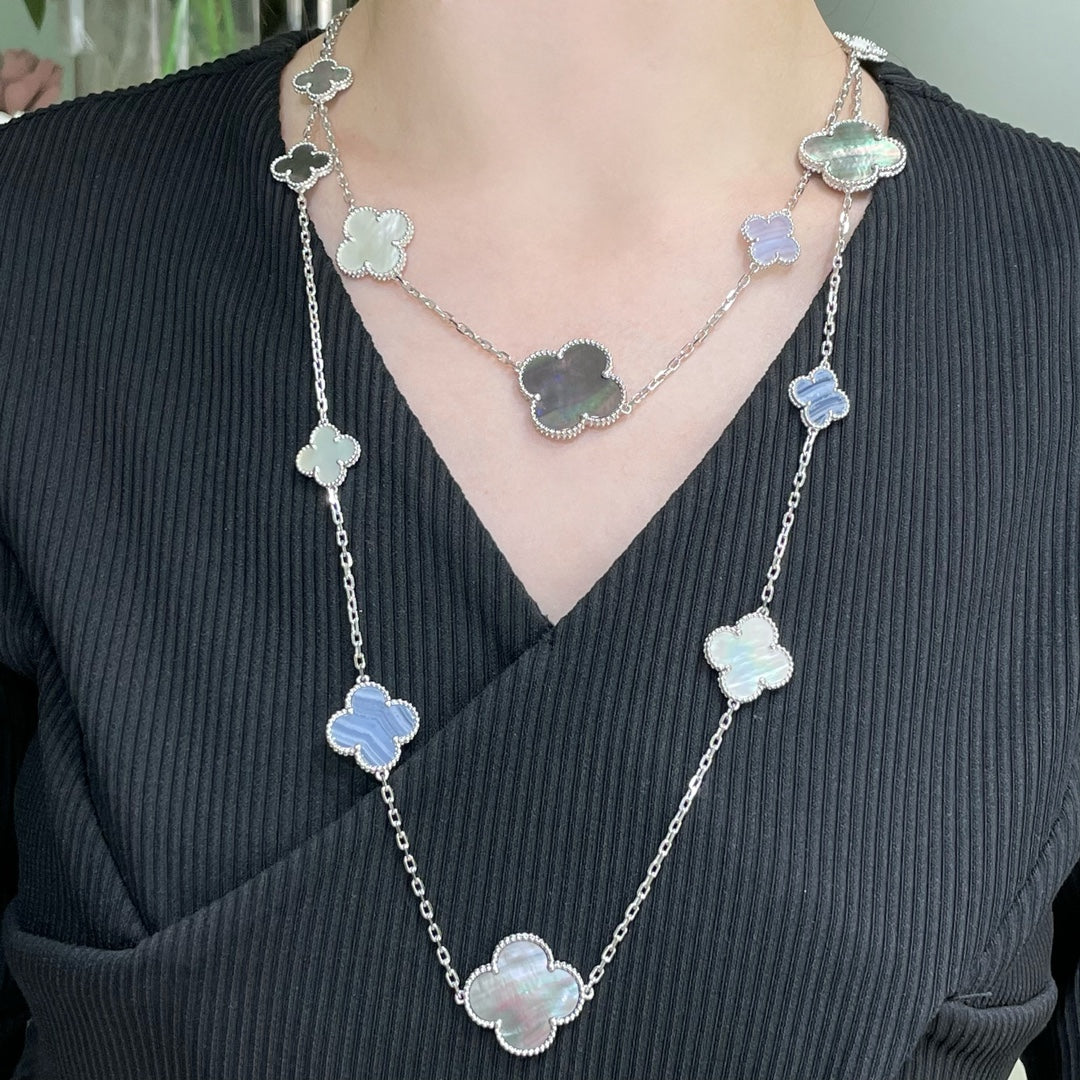 Miro CLOVER 16 MOTIF CHALCEDONY MOP SILVER NECKLACE